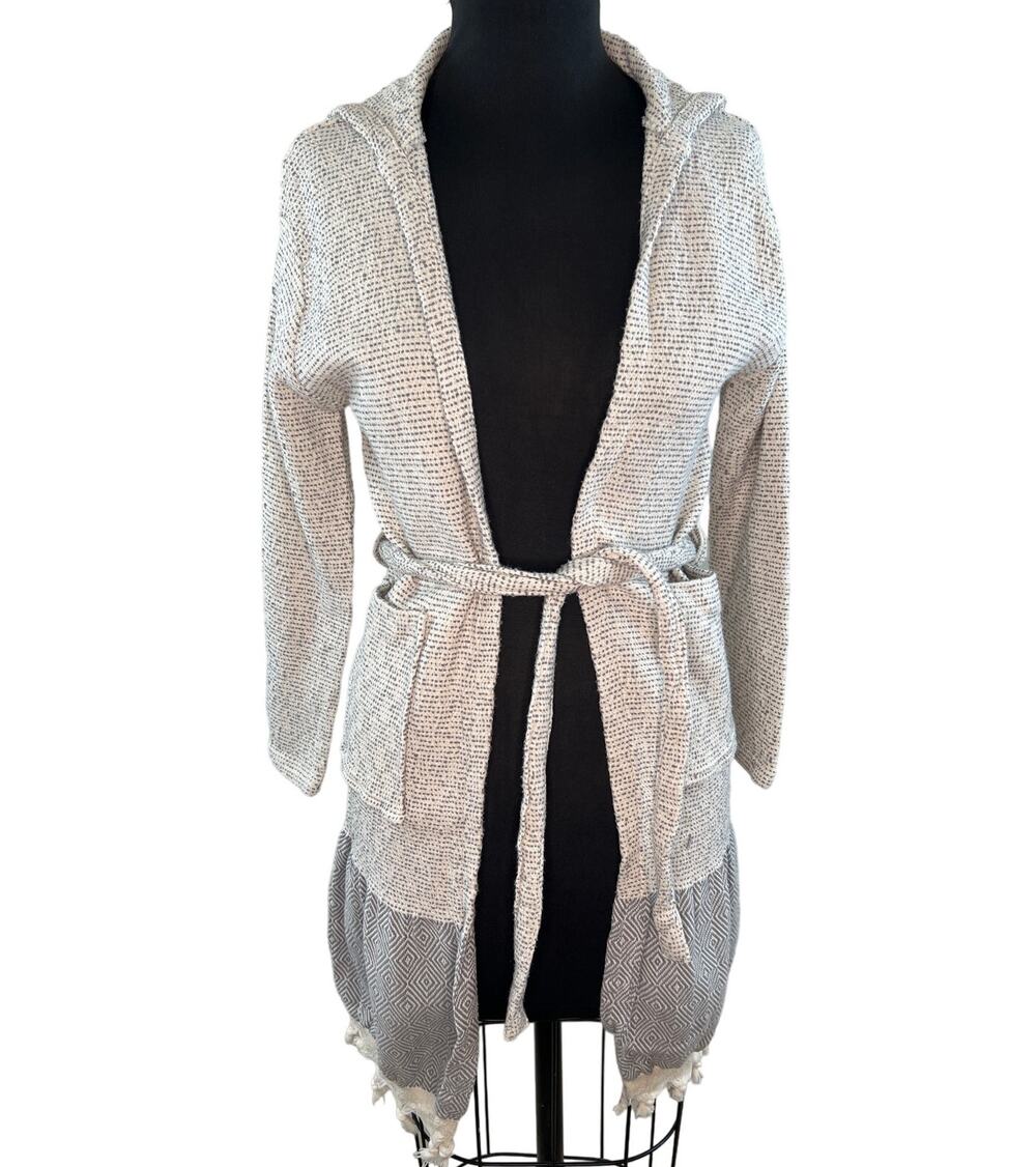 Mellow Gray Long Sleeve Organic Cotton Fringe Hem Tie Waist Cardigan Sweater M